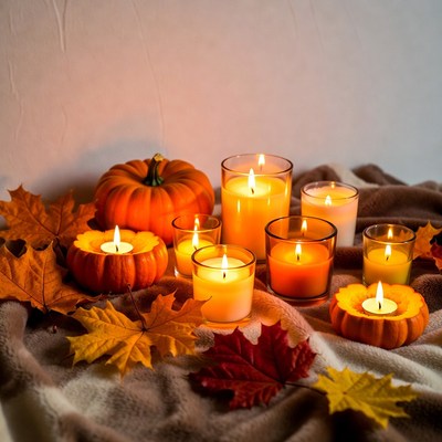 Pumpkin Candles Autumn Leaves Arrangement