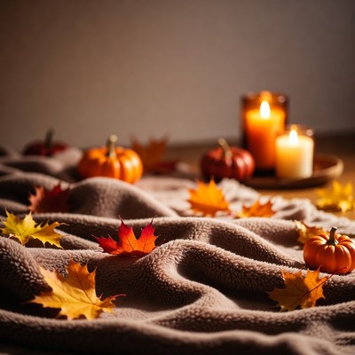 Autumn pumpkins on cozy blanket