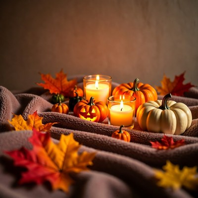 Halloween Pumpkins and Candles on Fabric