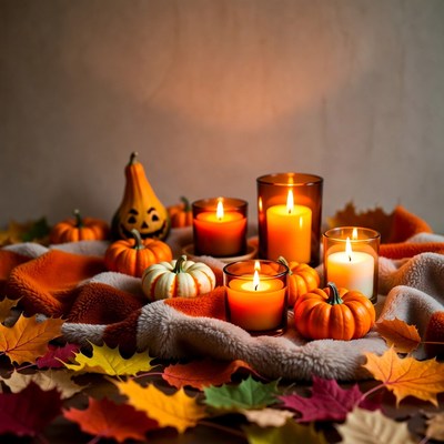 Halloween Pumpkins and Candles on Autumn Leaves