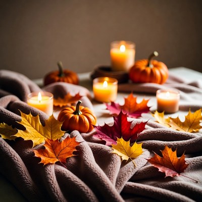 Autumn Pumpkins and Candles with Leaves