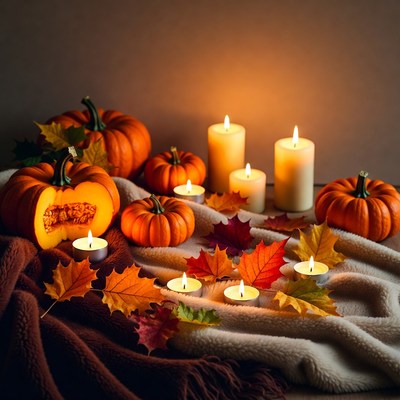 Halloween Pumpkins and Candles with Autumn Leaves