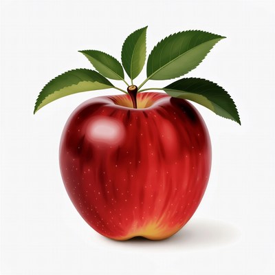 Red apple with green leaves