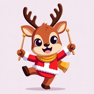 Cartoon Reindeer Drumming with Drumsticks
