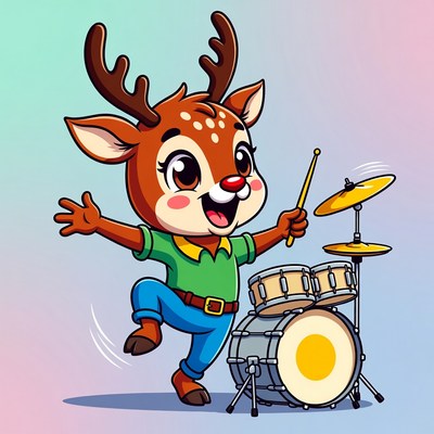 Cartoon Reindeer Playing Drums