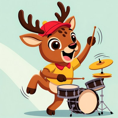 Cartoon Reindeer Drumming with Drum Set