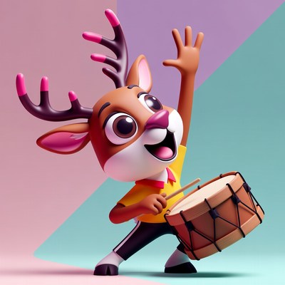 Cartoon Reindeer Playing Drum