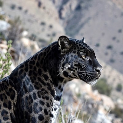 Black Jaguar in Mountain Landscape