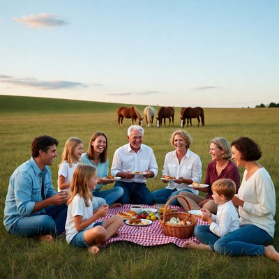 Family picnic with horses in field