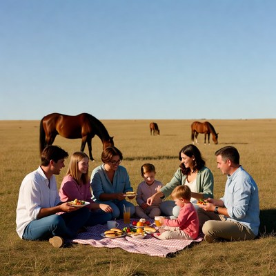 Family picnic with horses in field