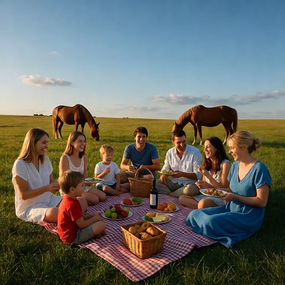 Family picnic with horses in field