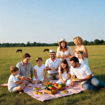 Family picnic in grassy field