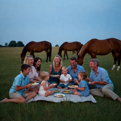 Family picnic with horses