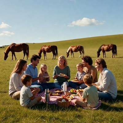 Family Picnic with Horses in Field