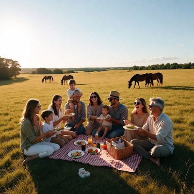 Large family picnic in grassy field