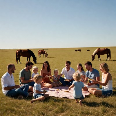 Family picnic with horses in field