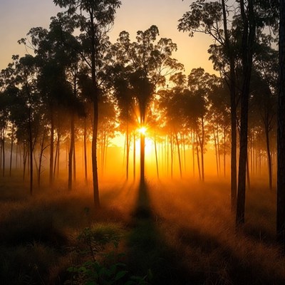 Sunrise through misty eucalyptus forest