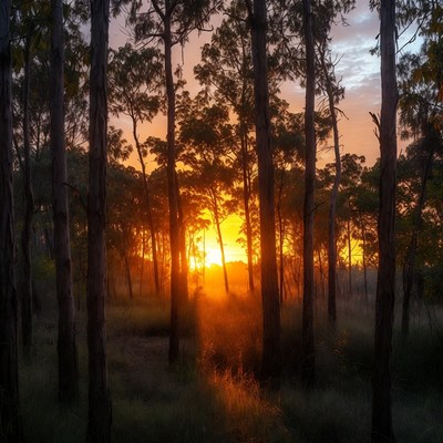 Sunset through tall eucalyptus trees