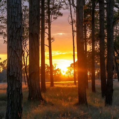 Sunset through pine trees