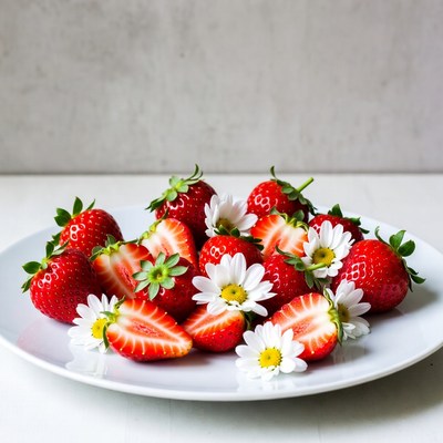 Strawberries and Daisies on White Plate