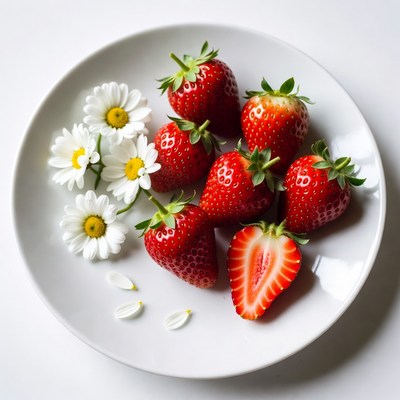 Strawberries and Daisies on White Plate