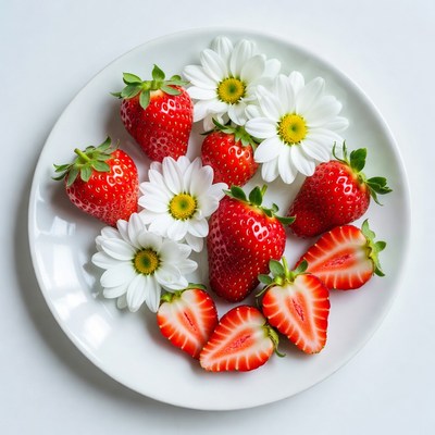 Strawberries and Daisies on White Plate