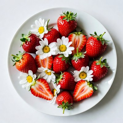 Strawberries and Daisies on White Plate