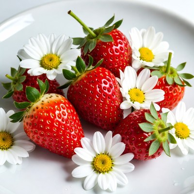 Strawberries and Daisies on White Plate