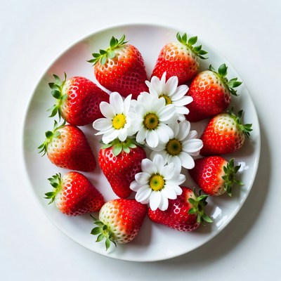 Strawberries and Daisies on White Plate