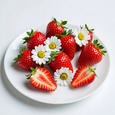 Strawberries and Daisies on White Plate