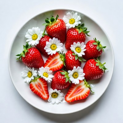 Strawberries and Daisies in White Bowl
