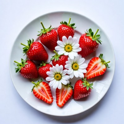 Strawberries and Daisies on White Plate
