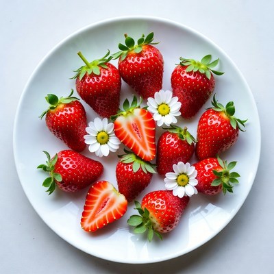 Fresh Strawberries and Daisies on White Plate