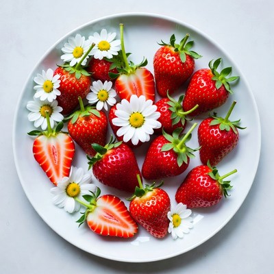 Strawberries and Daisies on White Plate