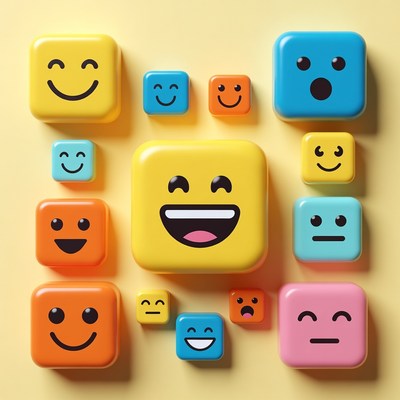 Colorful Smiley Face Cubes on Yellow Background