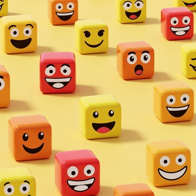 Colorful Smiley Face Cubes on Yellow Background