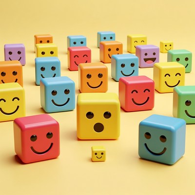 Colorful Smiley Face Cubes on Yellow Background