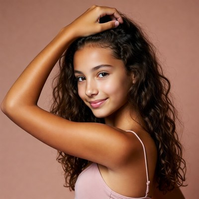 Teen girl hand on curly hair