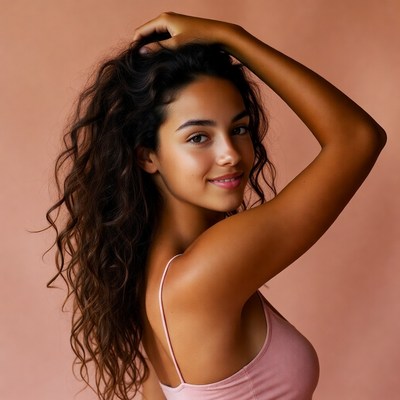 Smiling woman with hand in curly hair