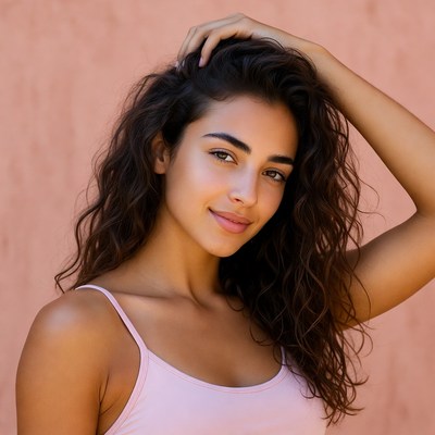 Smiling woman with wavy hair touching head