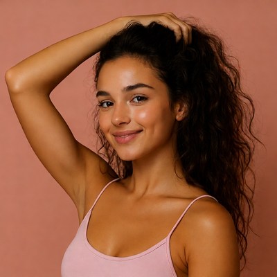 Smiling woman with hand in curly hair