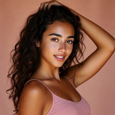 Woman with hand in curly hair