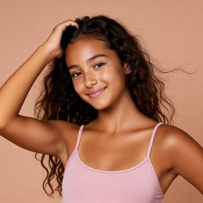 Smiling mixed-race girl hand in curly hair