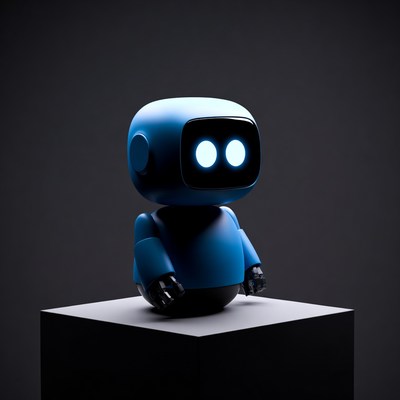 Blue cute robot on pedestal
