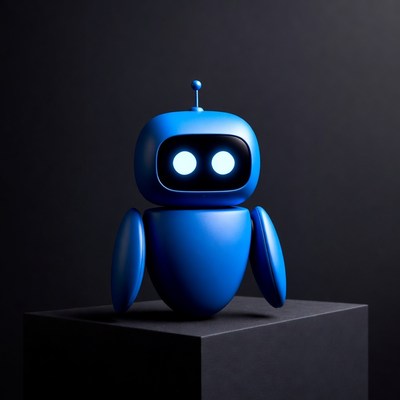 Blue robot on black pedestal