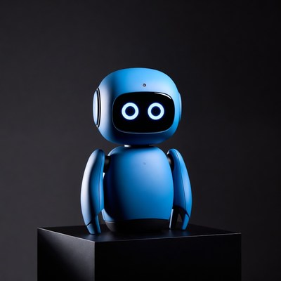 Blue robot on black pedestal