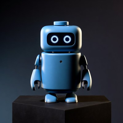 Blue Lego Robot on Black Pedestal