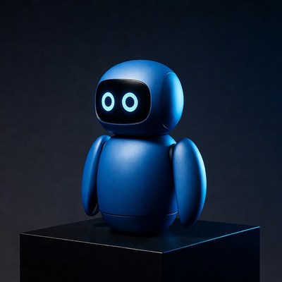 Blue glowing-eyed robot on black pedestal