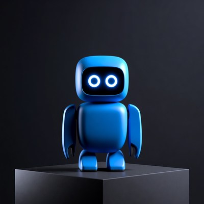 Blue robot on black pedestal