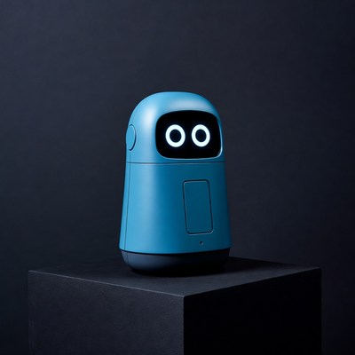 Blue glowing-eyed robot on pedestal